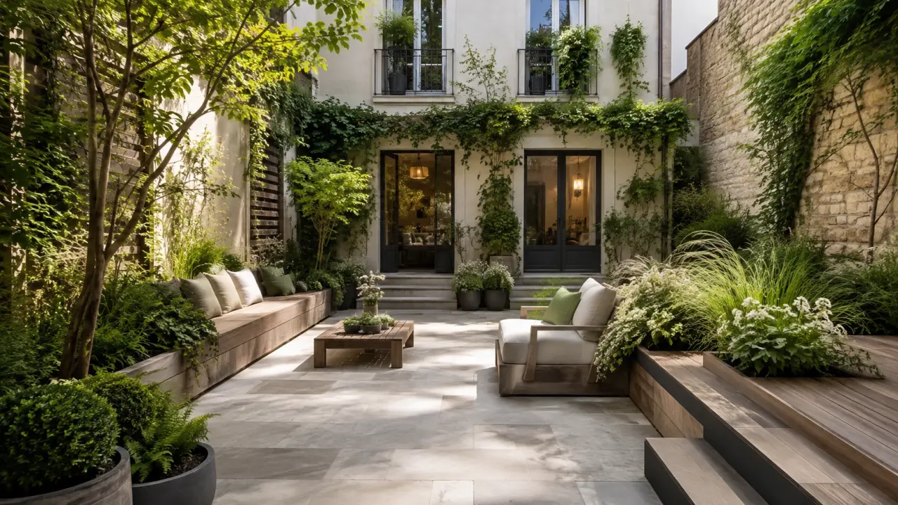 Patio urbain planté avec assises en bois, végétation généreuse et lumière douce du matin