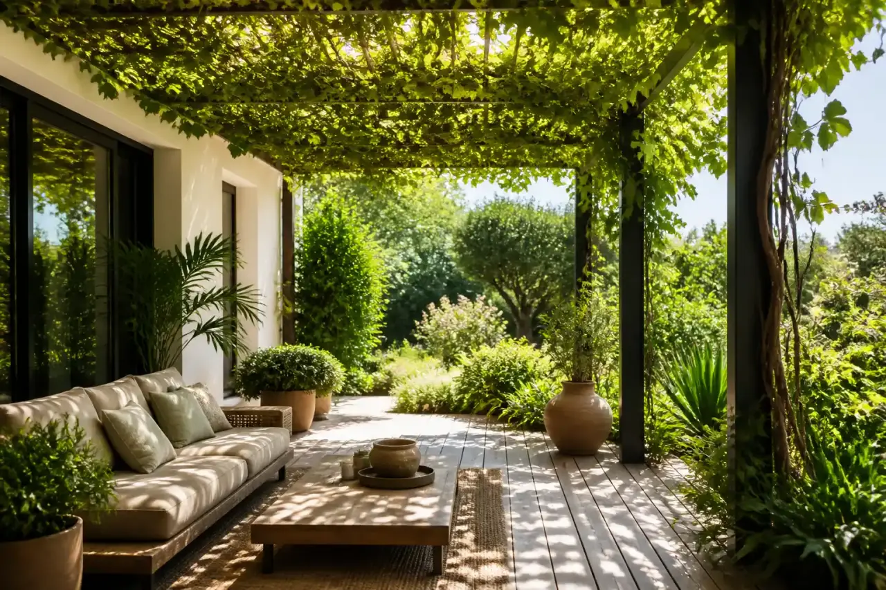 Terrasse zen ombragée par des plantes grimpantes, bambous et feuillages légers